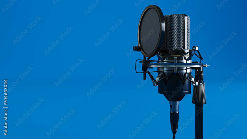 3D render of bleck microphone isolated on blue colored background, classic microphone 3D render of bleck microphone isolated on blue colored background, classic microphone
