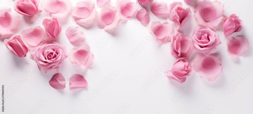 Pink roses on a white background. Top view. Banner with copy space. Ideal for Valentines Day, anniversaries, romantic occasions, Mothers Day.