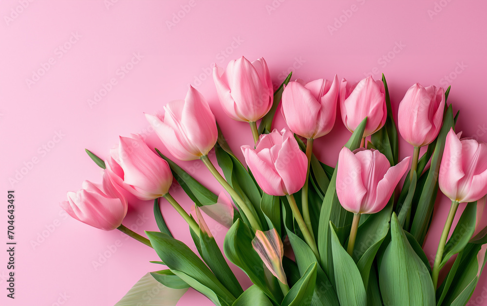 Obraz premium Bouquet of Pink Tulips on Pink Background for a Happy Valentines Day Celebration