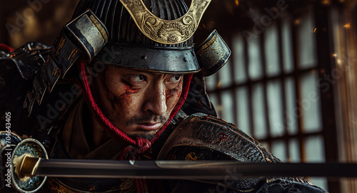 Samurai warrior in traditional Japanese armor close up face with sword. Generative AI