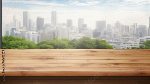 Empty table in front of a skyscraper background  big city with tall buildings  backdrop studio for product design  technology and modern urban design
