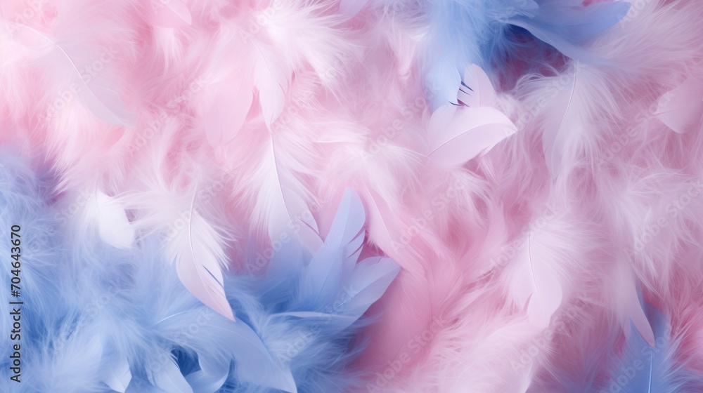 Feathers in pastel colors of pink and blue. Feathers texture background. Can be used as Backdrops for design projects, Fashion or decor. Concept of Softness and elegance.