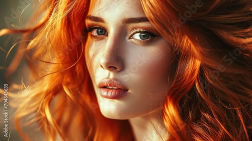 Closeup of attractive young woman with long wavy red hair photo