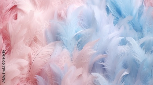 Feathers in pastel colors of peach and blue. Feathers texture background. Can be used as Backdrops for design projects, Fashion or decor. Concept of Softness and elegance.