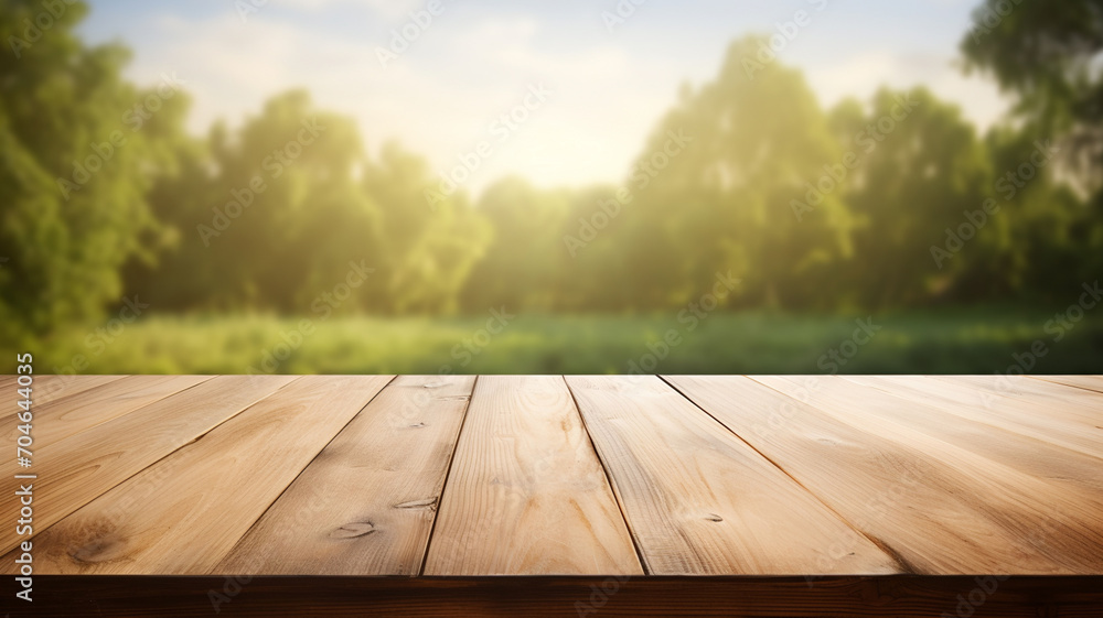 Empty wood table in front of blurry nature background, for mock-up design and montage, wooden table ready for mock-up, organic farm product, product display