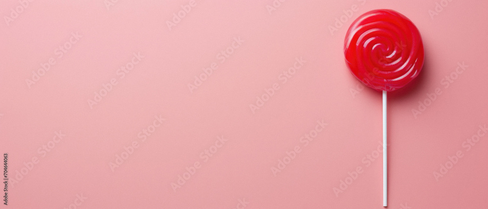 Red lollipop on pink background. Top view, copy space. Red lollipop on pink background. Top view, copy space.