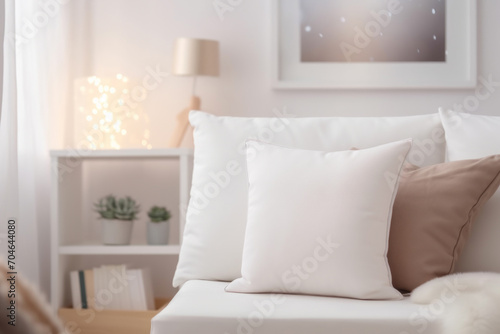 Mock up. White cushion on couch in living room interior