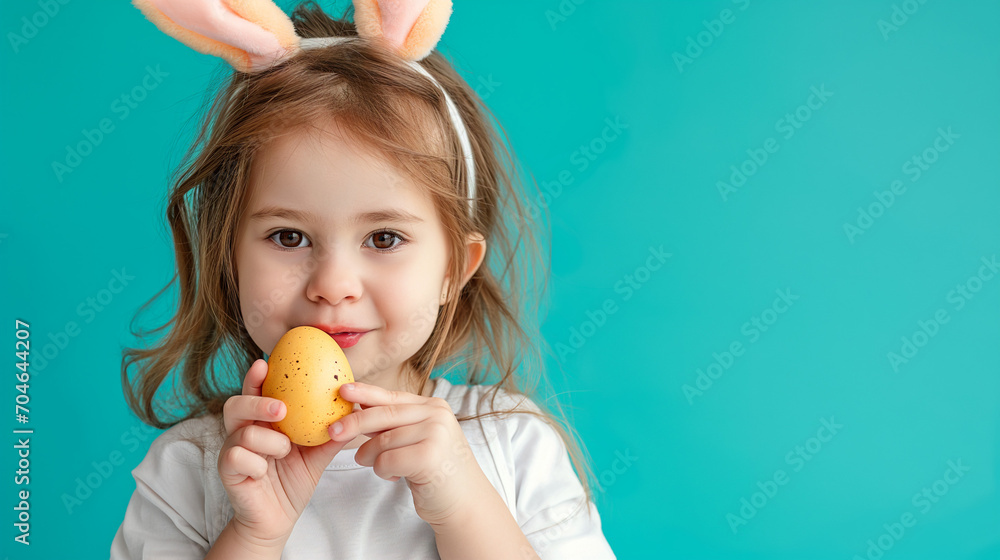 Cute little child girl wearing bunny ears on Easter day on teal color background. Girl holding painted Easter egg isolated on blue banner with copy space. Cute little child girl wearing bunny ears on Easter day on teal color background. Girl holding painted Easter egg isolated on blue banner with copy space.