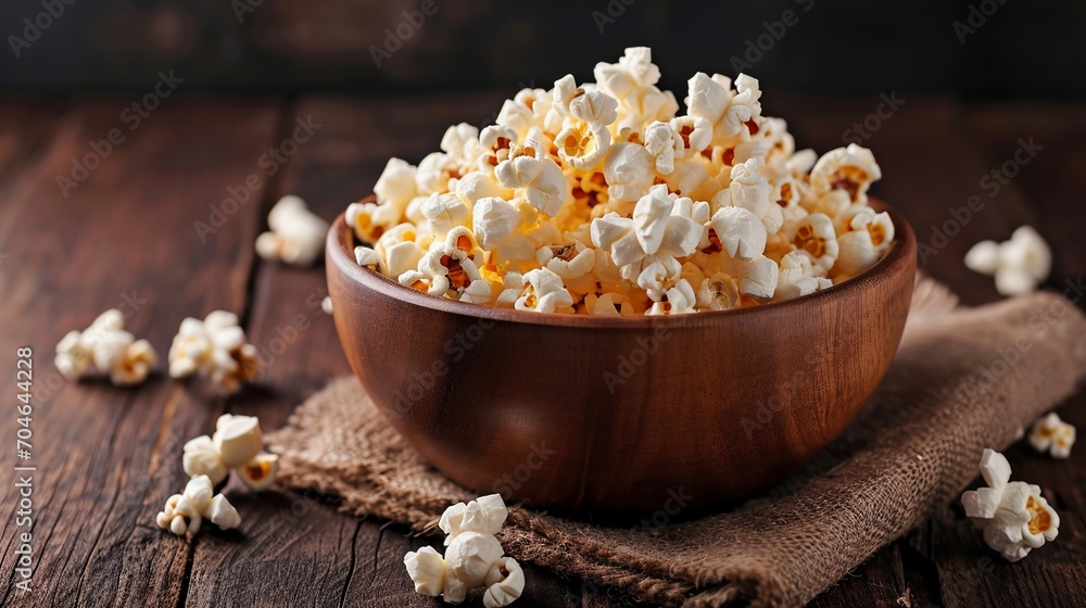 A wooden bowl of salted popcorn at the old wooden table. Dark background. selective focus with copy space. A wooden bowl of salted popcorn at the old wooden table. Dark background. selective focus with copy space.
