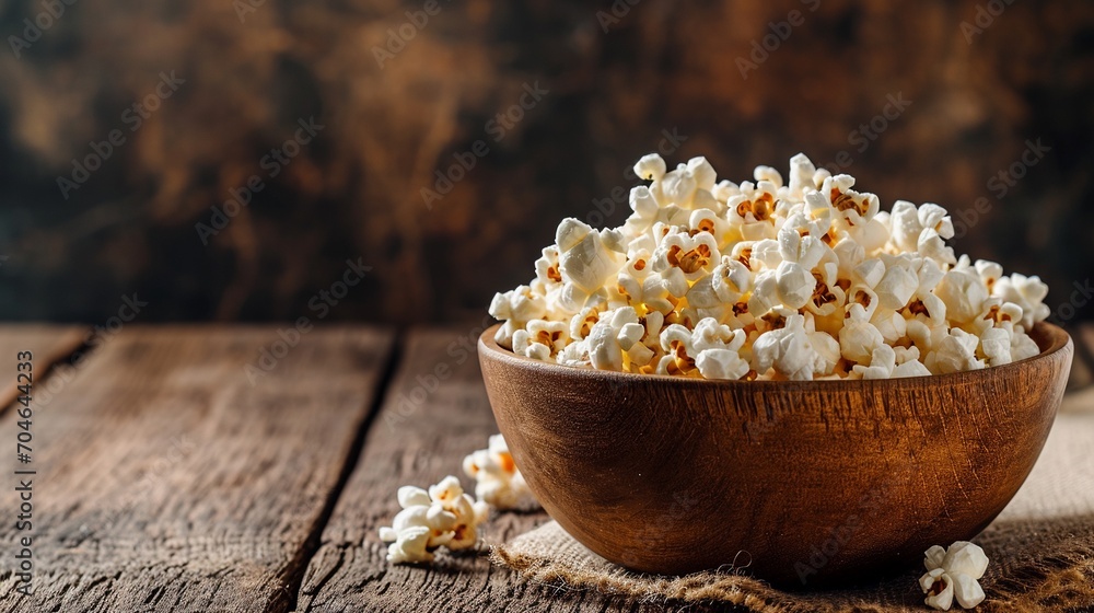 A wooden bowl of salted popcorn at the old wooden table. Dark background. selective focus with copy space. A wooden bowl of salted popcorn at the old wooden table. Dark background. selective focus with copy space.