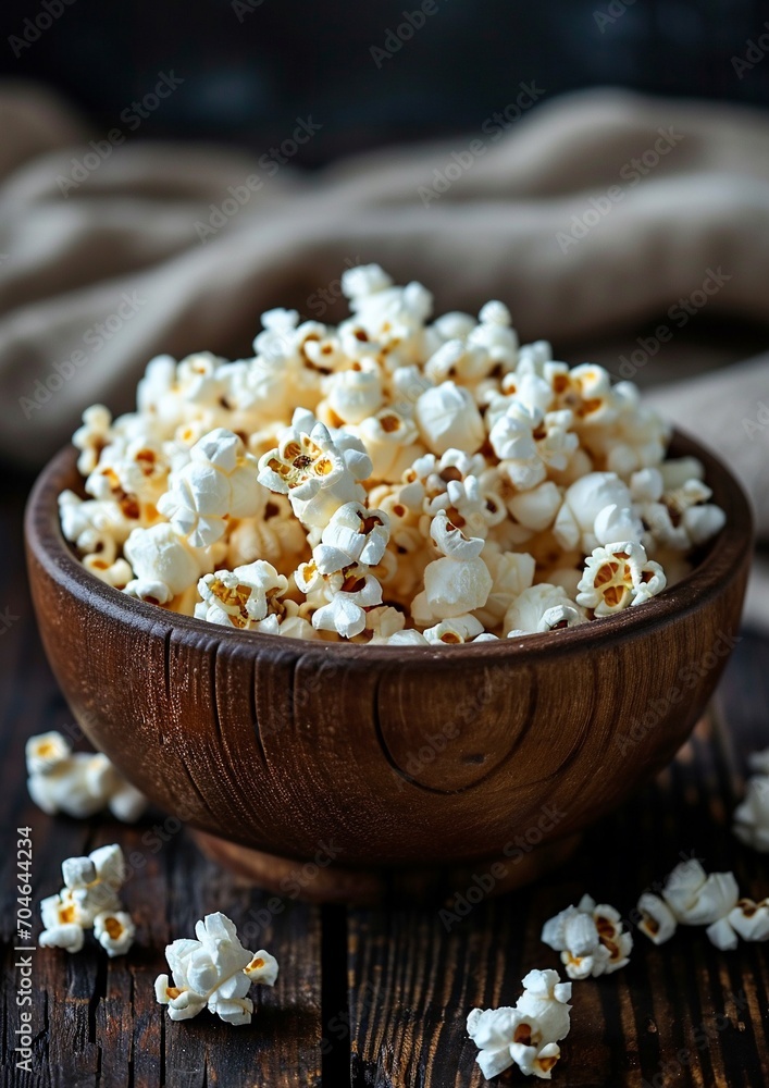 A wooden bowl of salted popcorn at the old wooden table. Dark background. selective focus with copy space. A wooden bowl of salted popcorn at the old wooden table. Dark background. selective focus with copy space.