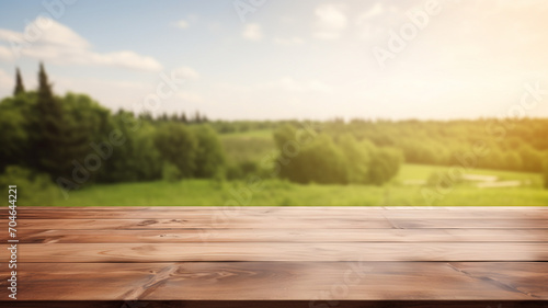 Empty wood table in front of blurry nature background, countryside, for mock-up design and montage, wooden table ready for mock-up, organic farm product, product display