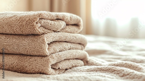 Stack of beige clean towels on table in on bed in bedroom with copy space. photo