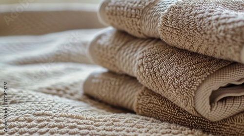 Stack of beige clean towels on table in on bed in bedroom with copy space.