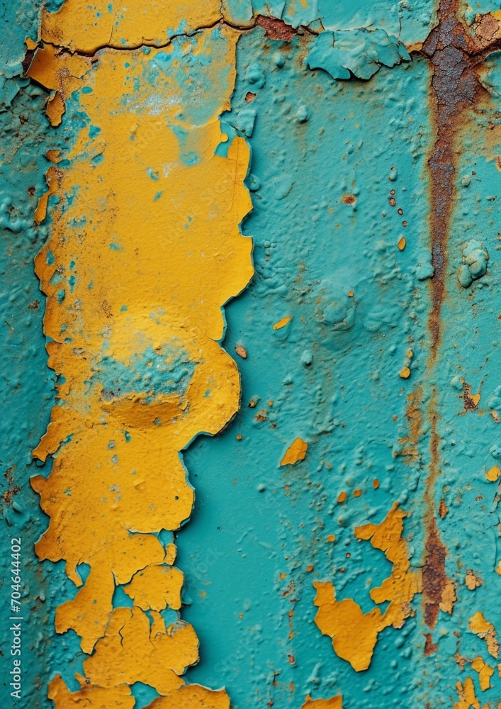 Old green paint on the metal and drips of rust. grunge vintage texture for background, blue, green, teal, yellow old banner with copy space.