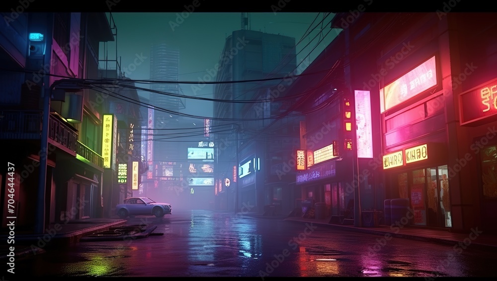 A dark and rainy night in a cyberpunk city street with neon lights and a parked car