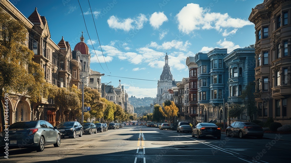 Fototapeta premium City street with parked cars and blue sky