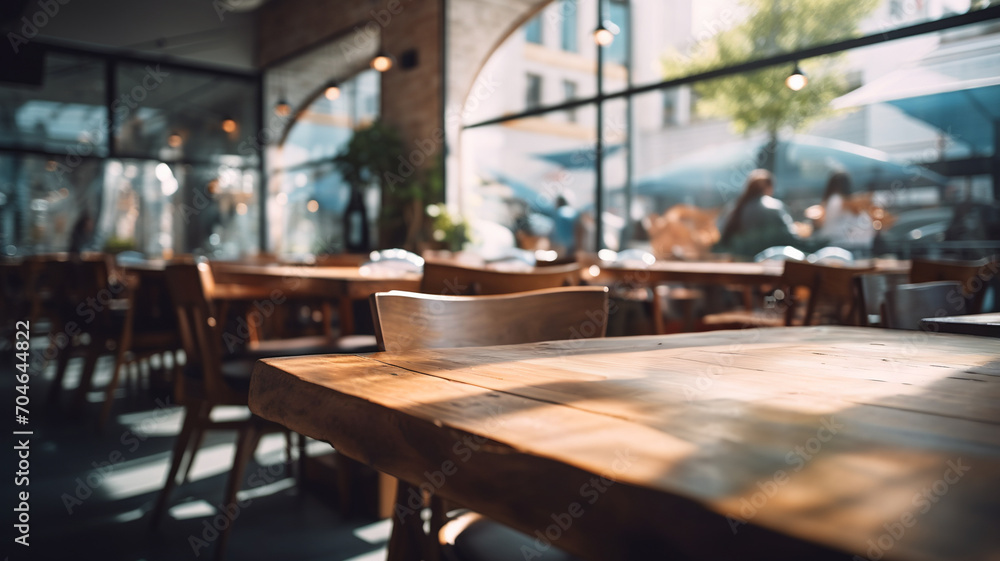 Empty wooden table in a restaurant, restaurant packshot, warm lighting, interior decoration for packshot and background, studio, product design