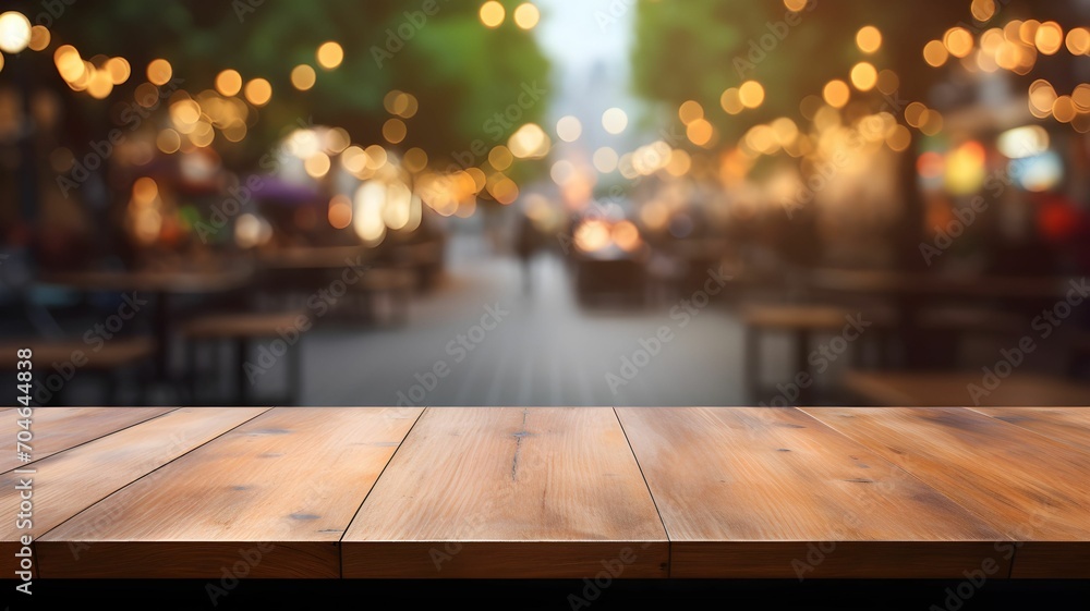 Empty wooden table, outdoor restaurant and cafe, ready for packshot of food, table and street background
