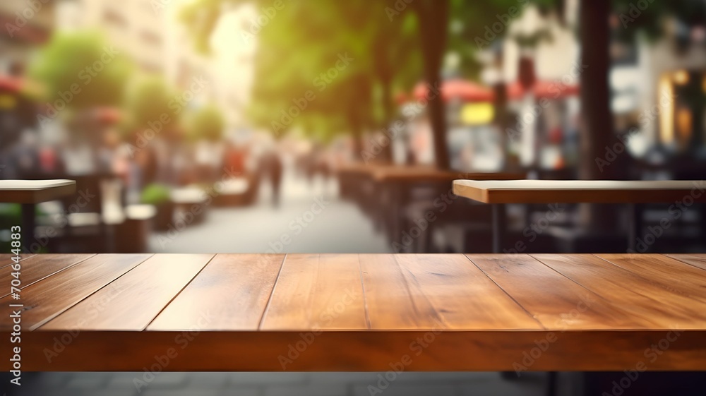 Outdoor table at a cafe, empty wooden table for packshot and studio, street food, farmer's market, eating outside at a restaurant Outdoor table at a cafe, empty wooden table for packshot and studio, street food, farmer's market, eating outside at a restaurant