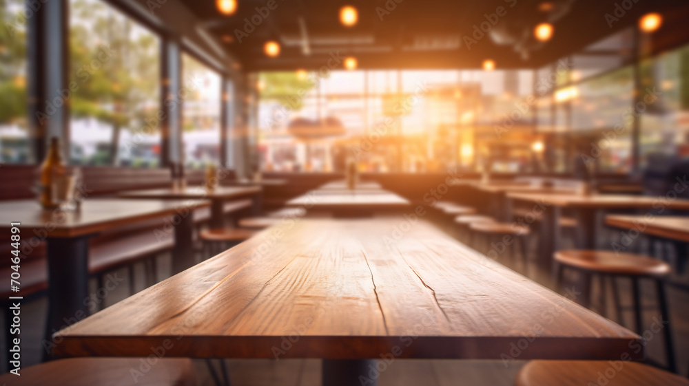 Empty wooden table in a restaurant, restaurant packshot, warm lighting, interior decoration for packshot and background, studio, product design Empty wooden table in a restaurant, restaurant packshot, warm lighting, interior decoration for packshot and background, studio, product design