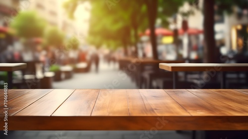 Outdoor table at a cafe, empty wooden table for packshot and studio, street food, farmer's market, eating outside at a restaurant