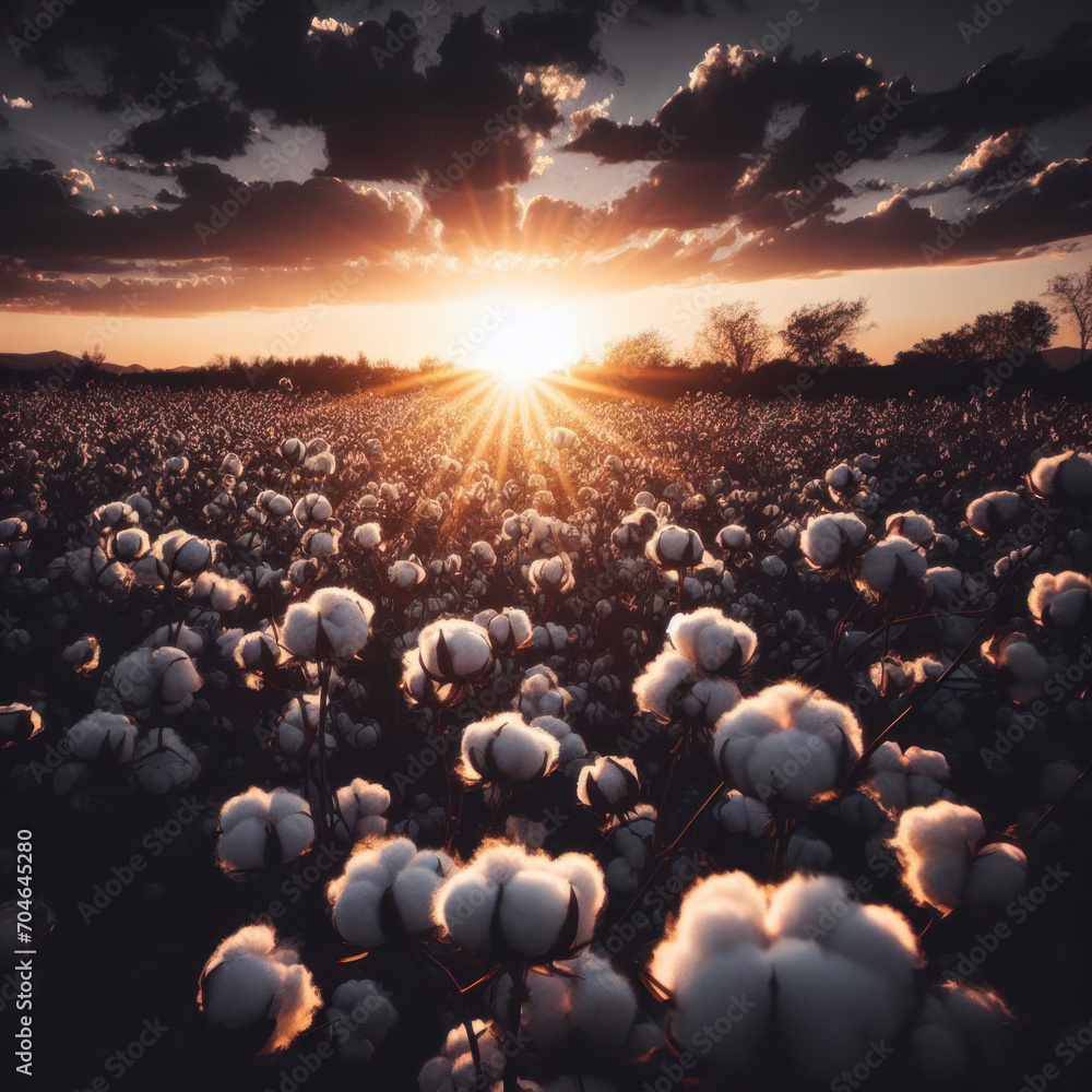A field of cotton plants with the sun setting on black background. ai generative