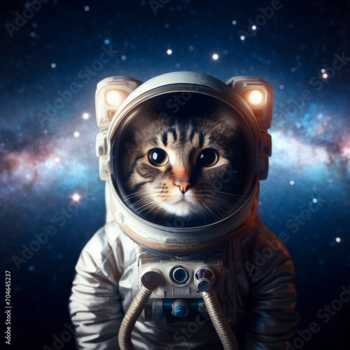 A cat in an astronauts helmet against the background of a blurred night starry sky. ai generative