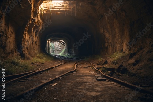 Abandoned and ruined underground mine tunnel or industrial corridor with perspective view toned. ai generative