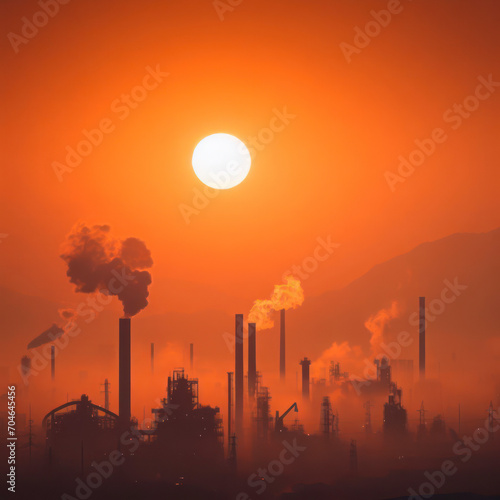 Air Pollution at Industrial Sites silhouette sun set. ai generative
