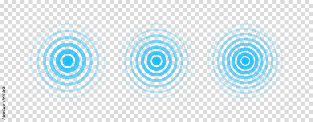 Circle radar wave. Sound ripple icon. Blue effect pulse isolated on transparent background. Signal radio. Pattern sonar. Vibration line. Radial rays. Round touch. Effect water. Vector illustration