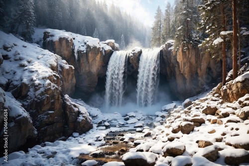 Beautiful waterfall snow period snowy weather. ai generative