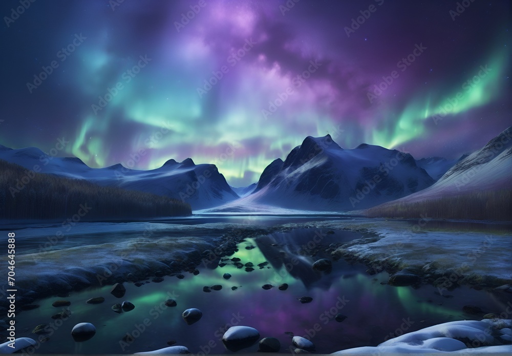 Northern Lights against the backdrop of mountainous snow-covered wilderness Northern Lights against the backdrop of mountainous snow-covered wilderness