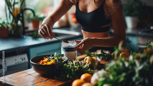 Healthy Meal Prep with Fresh fruits, vegetables and Greens. Focused individual prepares nutritious meal, surrounded by array of fresh greens, avocado and health supplements, in home kitchen photo