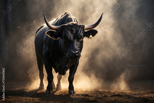 Black Spanish bull rearing in light smoke. ai generative © Anna