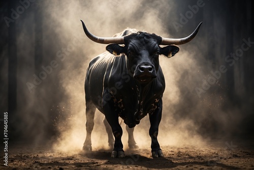 Black Spanish bull rearing in light smoke. ai generative © Anna