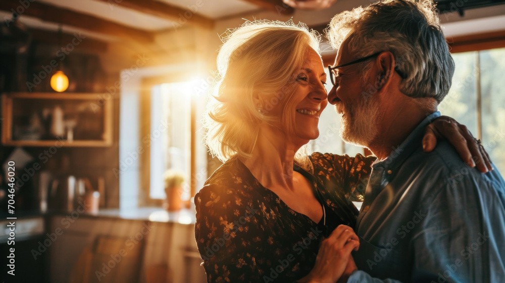 Fototapeta premium Senior Couple Sharing a Dance at Home. Hobby-Based Movement for Physical and Mental Health. Dance for mental health benefits, outlet for emotions.