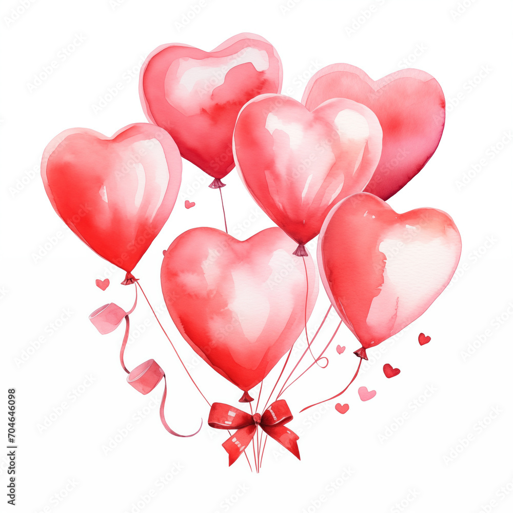 Watercolor of red heart shaped balloons. Valentines day.