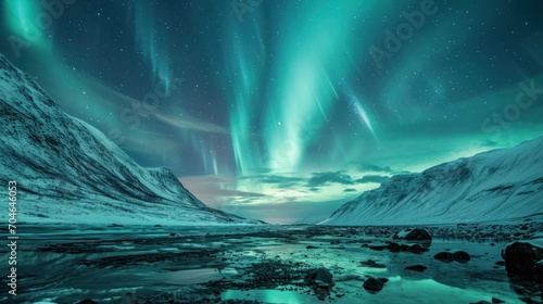  the aurora bore over a mountain range with a river in the foreground and stars in the sky in the background.