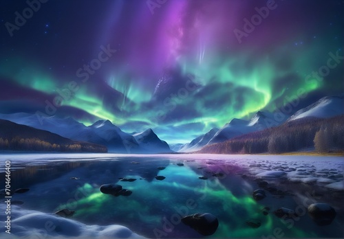 Northern Lights against the backdrop of mountainous snow-covered wilderness © A_A88