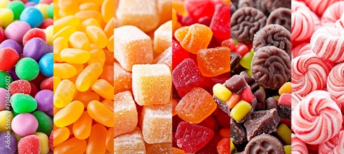Vibrant candy assortment collage divided by white vertical lines under bright white light photo