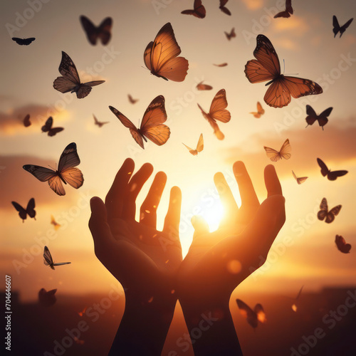 Hope freedom concept human hands releasing group of butterflies over blue sky. ai generative