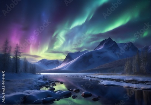Northern Lights against the backdrop of mountainous snow-covered wilderness © A_A88