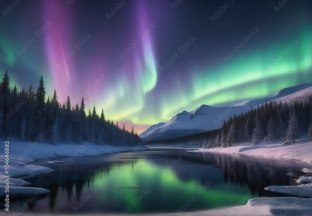 Northern Lights against the backdrop of mountainous snow-covered wilderness