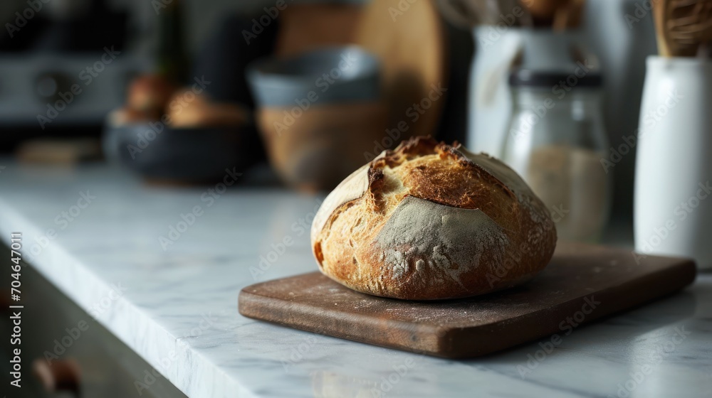  a loaf of bread sitting on top of a wooden cutting board on top of a counter next to a knife.