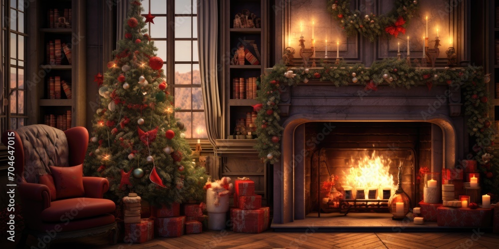 Festive holiday room adorned with Christmas decorations, garland, and a cozy fireplace, creating a magical atmosphere.