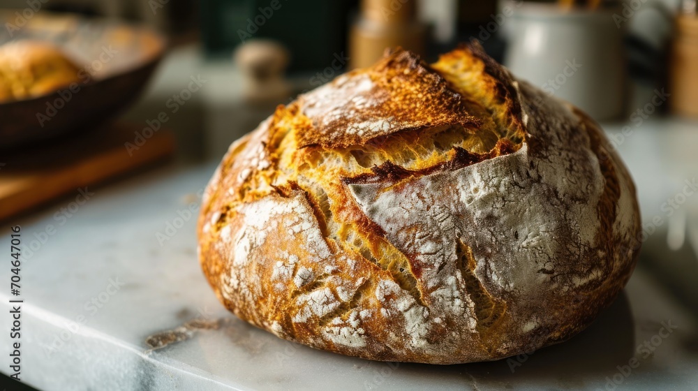 a loaf of bread sitting on top of a counter next to a bowl of bread and a wooden cutting board. a loaf of bread sitting on top of a counter next to a bowl of bread and a wooden cutting board.