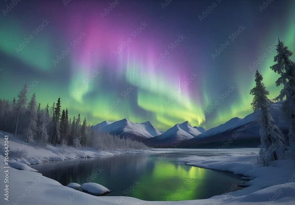 Northern Lights against the backdrop of mountainous snow-covered wilderness