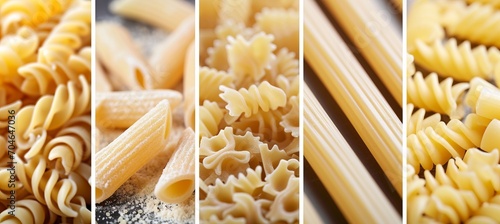 Assorted pasta products collage with white vertical dividers on bright white background