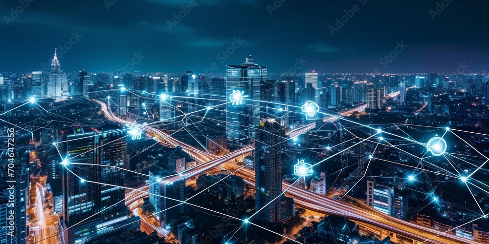 City of Connectivity: A Brightly Lit Urban Landscape at Night, Adorned with Overlaid IoT Symbols, Illuminating the Fusion of Technology and City Life in the Modern World